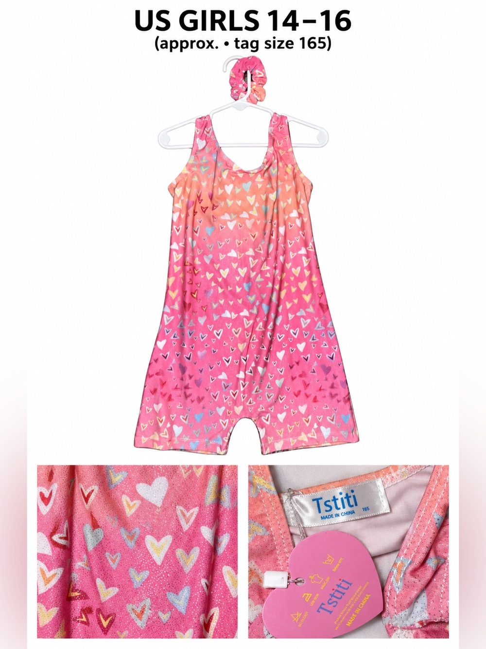 Girls' Pink & Coral Heart Print Sleeveless Romper with Scrunchie